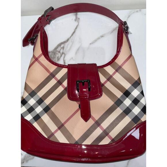 Burberry Nova Check Hobo Bag with Red Patent Trim - Picture 1 of 11